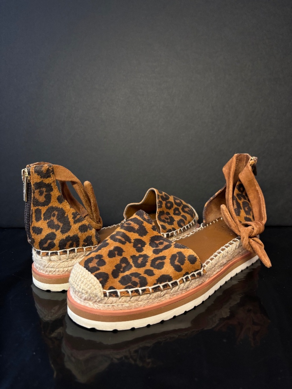 Vince Camuto Leopard Espadrille Platform Sandals Ankle Wrap Rope Sole EU 36 1/2